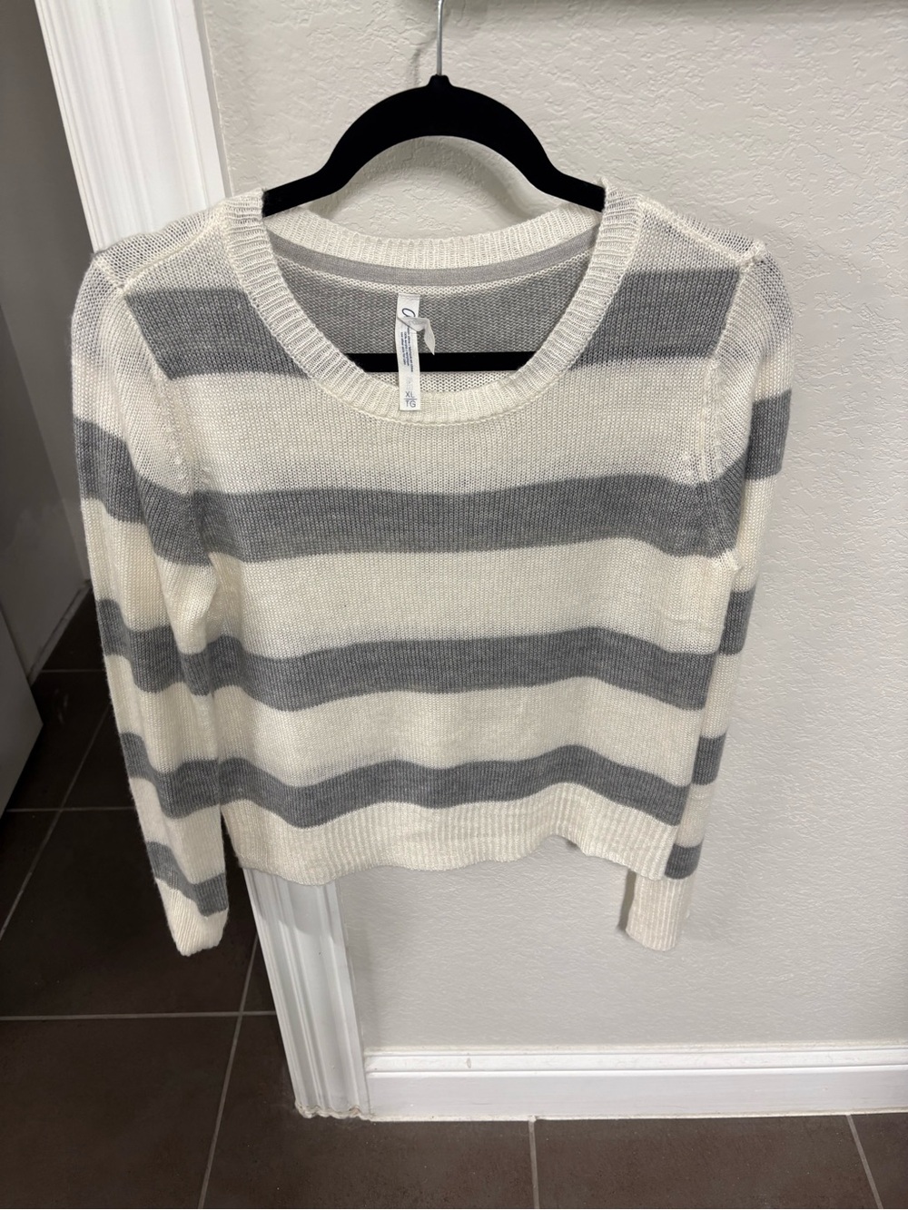 Aeropostale Cream and Gray Striped Crewneck Sweater